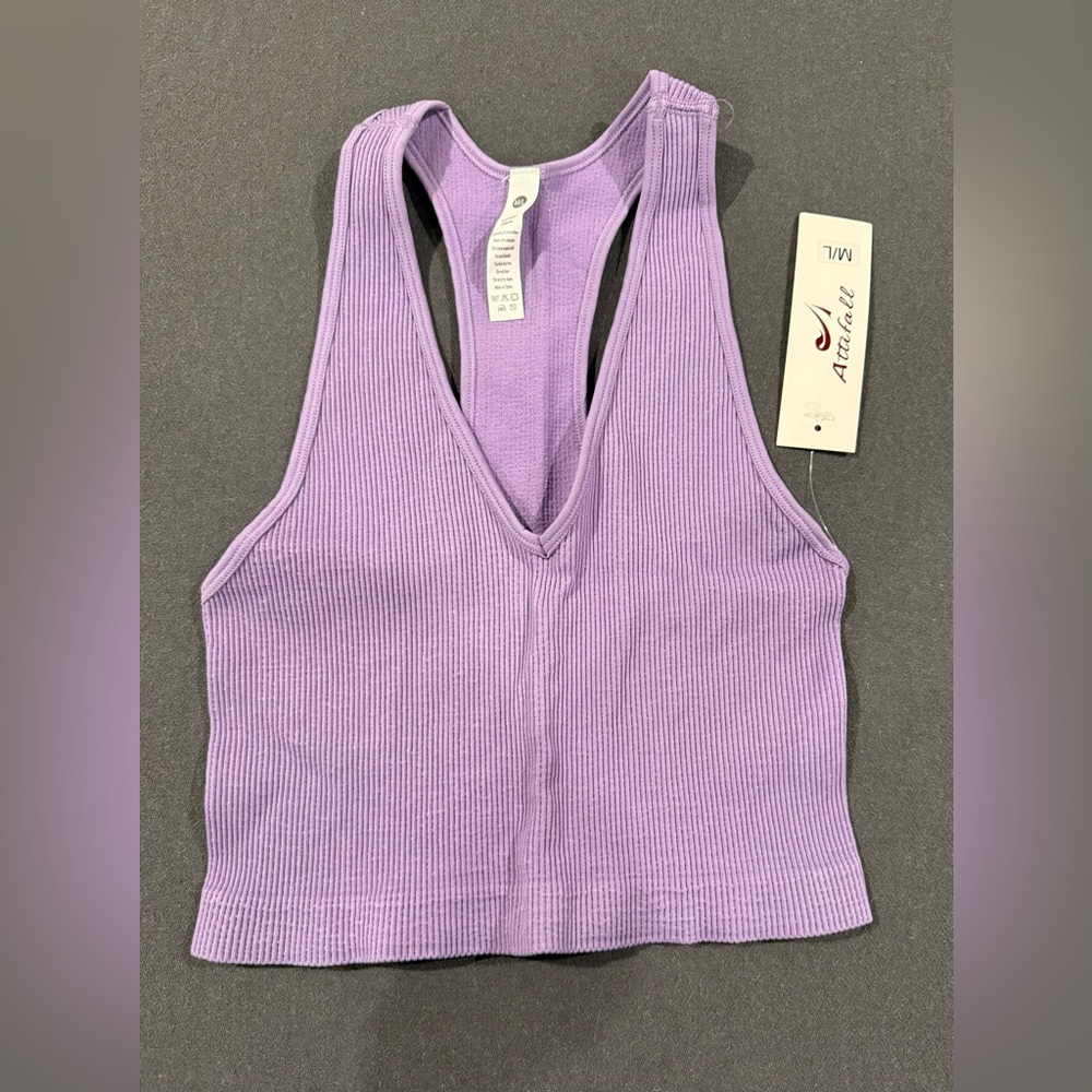 Attifall Ribbed Racerback Crop Tank Top Seamless V-Neck Purple - Size M/L